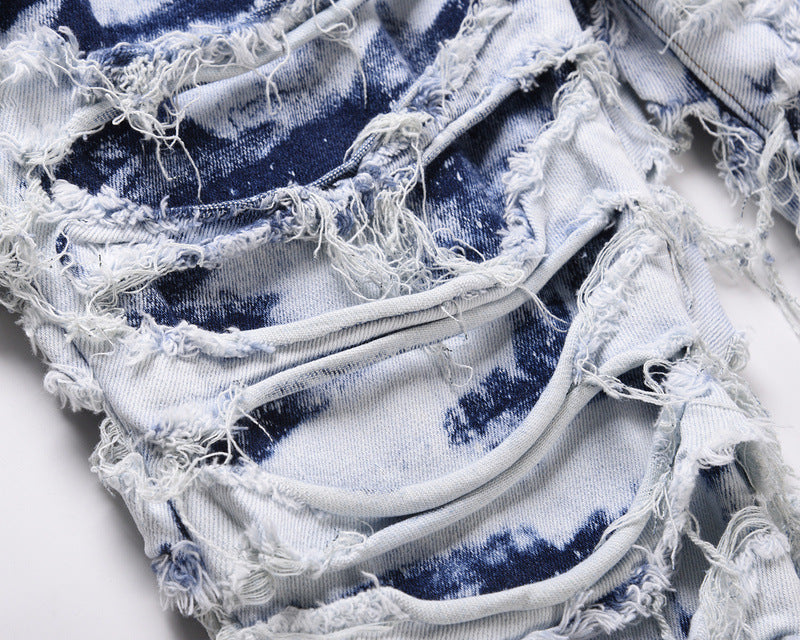 Washed Blue Ripped Zipper Distressed Beggar Pants